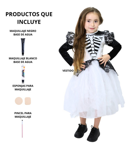 Disfraz Vestido Blanco De Catrina Esqueleto Con Maquillaje Para Niñas