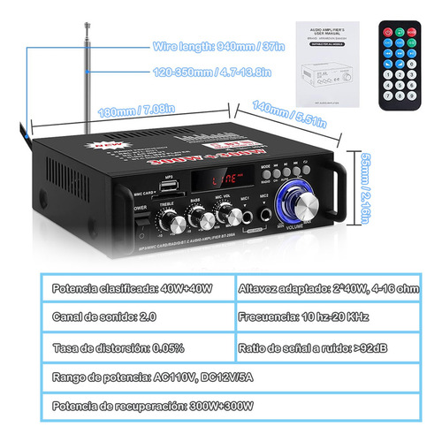 Amplificador De Audio Bluetooth Hifi Subwoofer Mini Economía Bt/fm/usb/sd/rca/mp3 Estéreo Sonidos Para Casa 600w Alta Potencia Con 2 Tomas De Micrófono Con Mando A Distancia