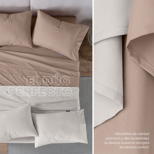 Paquete 2 Juegos Sábanas Individual Microfibra Real Textil Taupe Y Marfil Liso