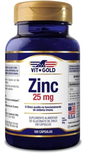 Zinco 25mg 100 Cápsulas Gluconato De Zinco Importado 