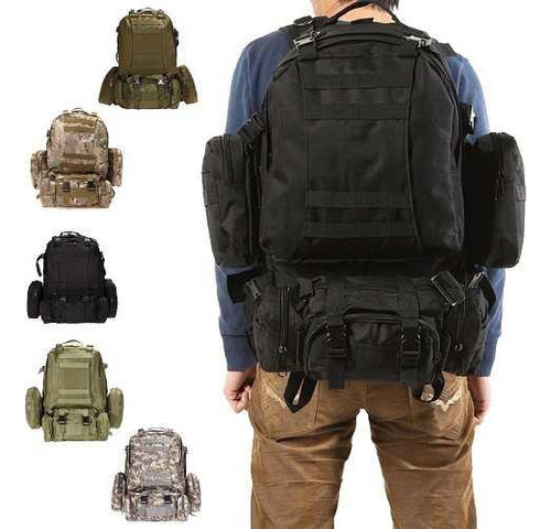 Mochila Para Mochilero Táctica Camping 55 Lts Diseños Color Negro