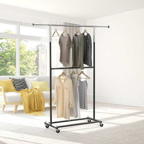 Rack Perchero Con Ruedas Para Ropa Doble Nivel Color Negro