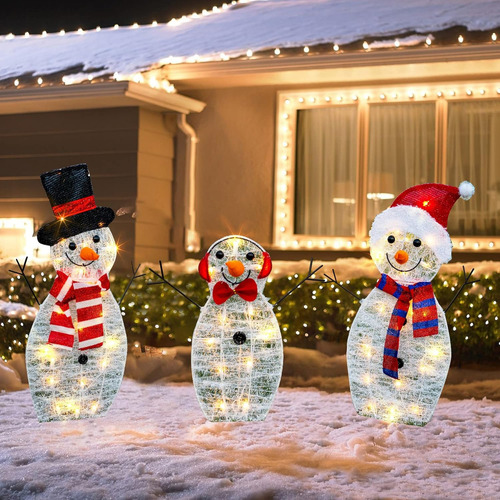 3 Luces De Jardín Con Forma Muñeco De Nieve Adornos Navideño