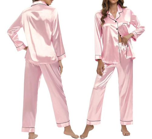 Pijama Mujer Seda Pantalon Largo Camisa Sexy Boton Bolsillos