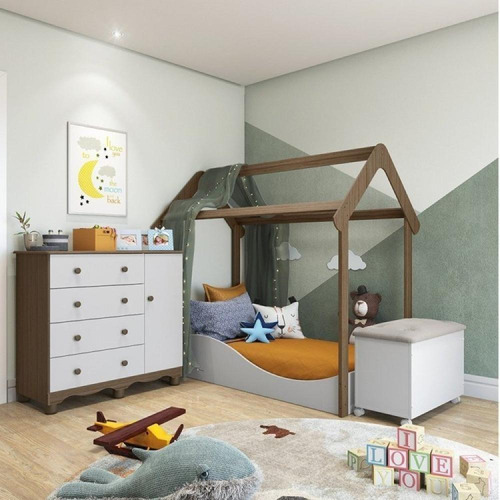 Quarto Infantil Minicama Montessori Cômoda Baú Branco/carval