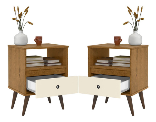 Imagem 2 de 4 de Kit Com 2 Mesas De Cabeceira Wood New - Freijó/off White
