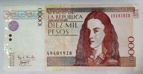 Billete 10000 Pesos 01/jun/2001 Colombia Au Exceso De Tinta