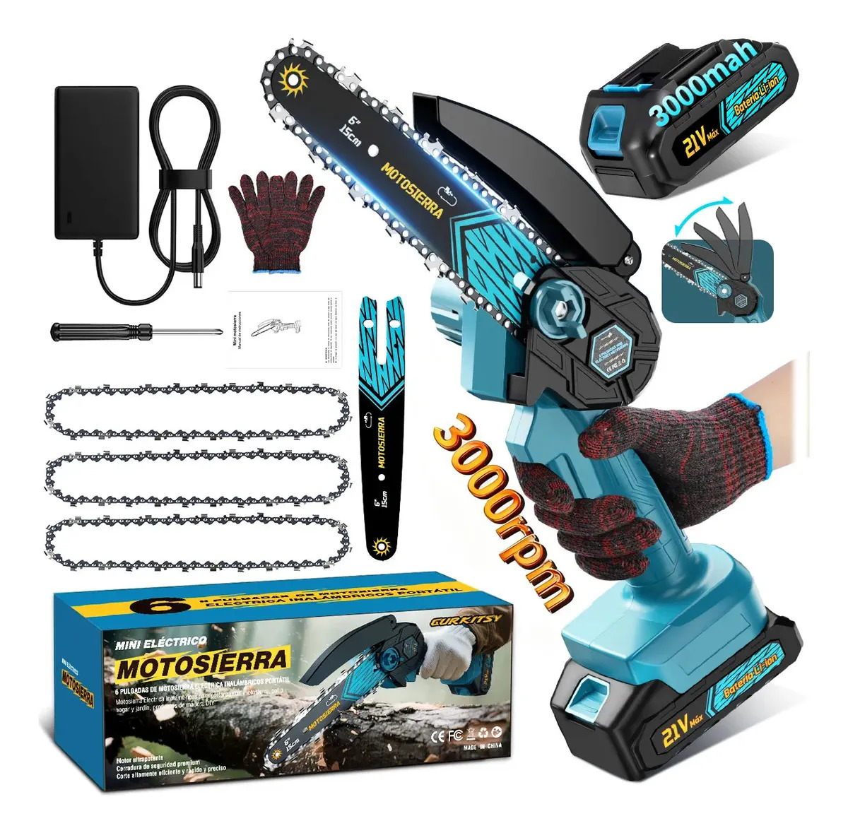 Moto Serra A Bateria 6 polegadas 1200 W Bivolt e 3000 RPM VURYZ Motosserra elétrica portátil com bateria recarregável 3000 mAh para poda de galhos, gramados, projetos de bricolagem