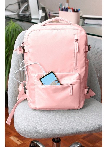 Mochila Escolar Antirrobo Mochila Para Laptop 16 Pulgadas Con Puerto Usb, Mochila De Viaje Para Laptop Con Puerto De Carga Usb Color Rosa Claro Diseño De La Tela Lisa