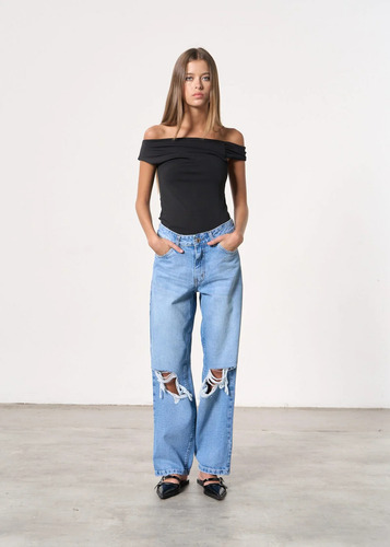 Pantalón Mom Recto De Jean Rígido Tiro Medio - Ronnie