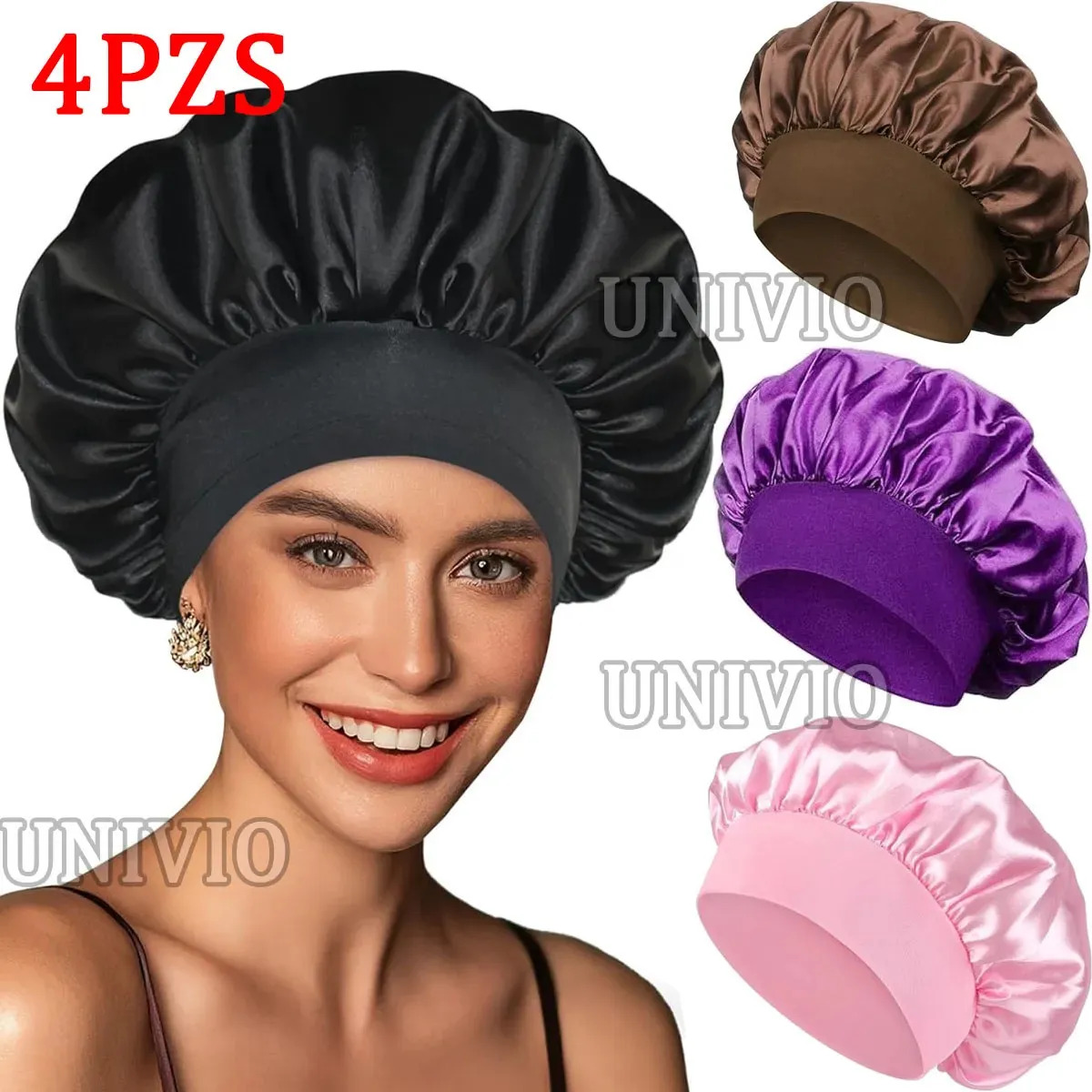 Pack de 4 Gorros de Satén para Dormir con Banda Elástica, Suaves y Reutilizables