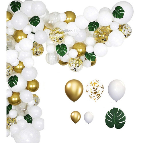 Imagen 1 de 6 de Arco Globos Decorativo Hojas Blanco Dorado Confetti Cumple