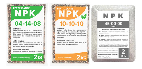 Kit Fertilizante Nitrogênio 2kg De Cada (10-10-10 + 04-14-08 + 45-00-00) Ureia - 6kg Total Ecogarden Jardinagem