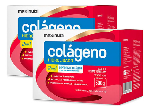 Suplemento Em Pó Maxinutri  Cuidados Com A Pele Colágeno Hidrolisado 2 Em 1 Colágeno Colágeno Hidrolisado 2 Em 1 Sabor  Frutas Vermelhas Em Sachê De 650g 30 Un  Pacote X 2 U