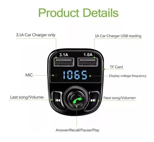 Imagen 5 de 5 de Transmisor Fm Receptor Bluetooth Audio Radio Auto Stereo Mp3