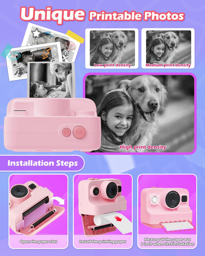 Instant Print Camera Anchioo For Kids W/ 3 Print Paper Pink