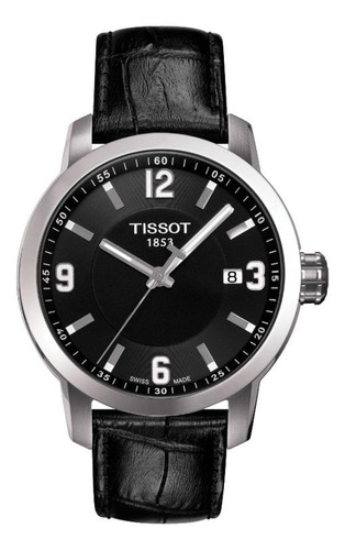 Reloj Pulsera Tissot T-sport Prc 200 De Cuerpo Color Plateado, Analógico, Para Hombre, Fondo Negro, Con Correa De Cuero Color Negro, Agujas Color Gris Y Blanco, Dial Gris Y Blanco, Minutero/segundero 