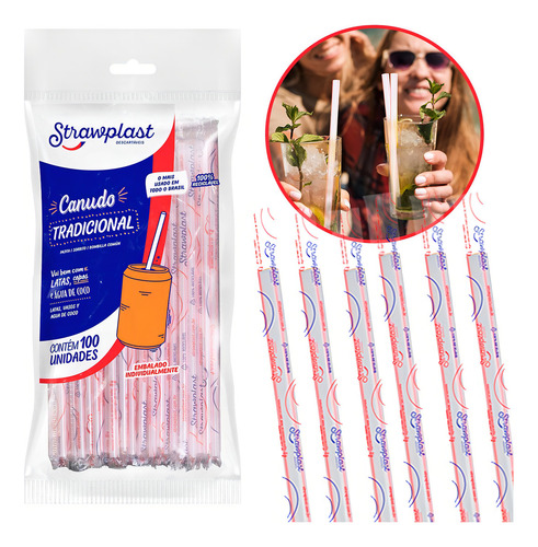 Canudo Tradicional Sachê BS56B Branco e Vermelho 5mm x 21cm x 100un Strawplast