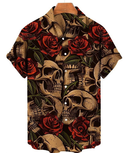 Camisa Floral Masculina Havaiano Con Impresión Del Cráneo 