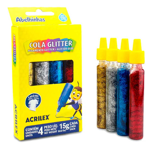 Cola Líquida Glitter Colorido 4 Cores 15g Abelhinha Acrilex