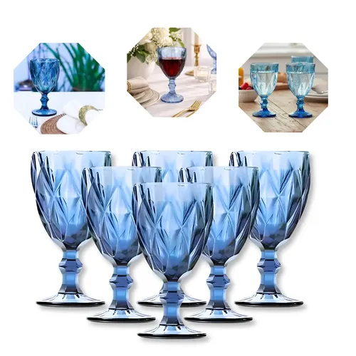 Jogo 6 Taças Diamante Vidro 330ml Copo Moderno Luxo Azul Diamante Lapidado Gostei!