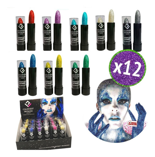 Pack X 12 Lápiz Labial Glitter Maquillaje Artísico Brillo-cc