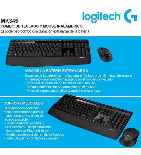 Imagen 3 de 4 de Kit Teclado Y Mouse Inalambrico Logitech Mk345 Español