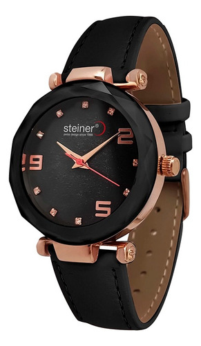Reloj Análogo Para Dama Steiner Correa De Piel 36mm 3atm Correa Negro Bisel Negro Fondo Negro