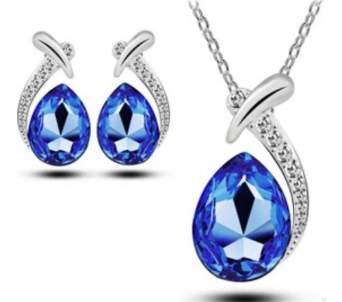 Conjunto De Colar E Brincos Cor Prata Pedra Zircônia Strass Cor Azul-marinho