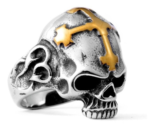 Anillo De Acero Color Plata Cruz Cráneo Calavera Para Hombre