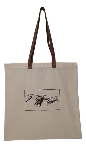 Bolsa Lienzo Y Cuero Vacuno Matero Serigrafía Mate Color Crudo Gato Negro