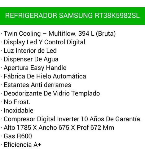 Imagen 6 de 6 de Heladera Samsung Rt38 Freezer Frio Seco Inverter Fca Hielo
