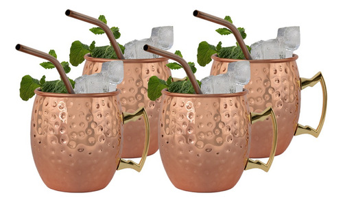 Set 4 Vasos Moscow Mule Mug Cobre + Bombillas Simplit