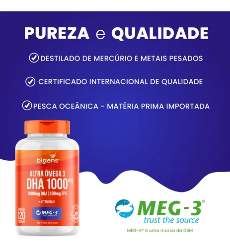 Ultra Omega 3 Meg-3® - DHA 1000 mg + EPA 400 mg - 120 cápsulas | Bigens