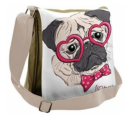 Bolso De Mensajero - Ambesonne Pug Bag, Dog With Heart Glass