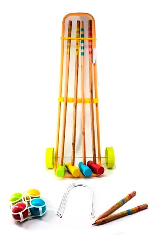 Juego Croquet Madera Palos Arcos Estacas Con Carro Educando