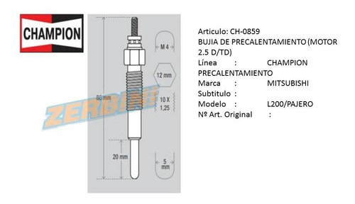 Bujia Incandecente Precalentamiento L200 Pajero Motor 2.5 