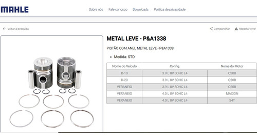 Kit Pistão Anel 3 Can Com Jgo Juntas D10 D20 Mf265 Mf425