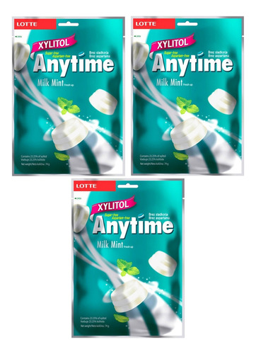 Kit 3 Bala Diet Anytime Leite E Menta Milk Mint Lotte 74g