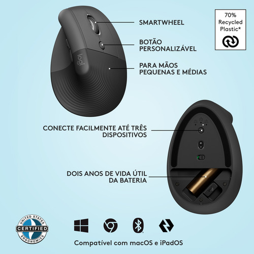 Mouse Sem Fio Logitech Lift Vertical - Grafite Grafite