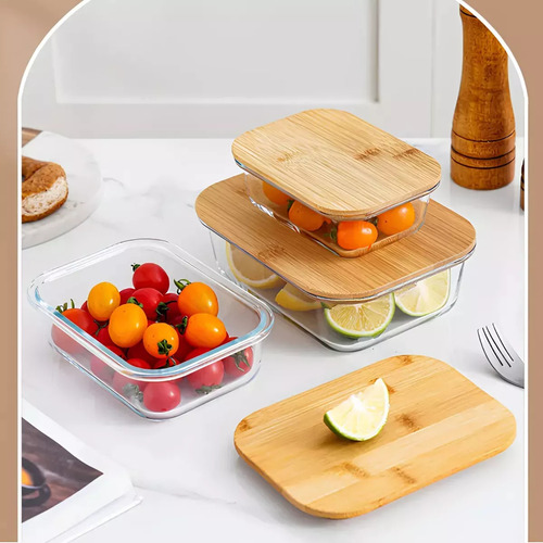 Pote Hermético De Vidro Marmita Marmitex Comida Almoço Janta Frutas Com Tampa De Bambu - 600ml Snel Home