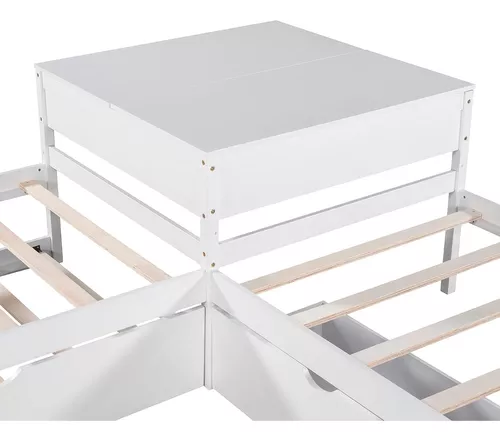  Cama de plataforma en forma de L con nido y cajones, marco de  cama de esquina doble de madera vinculado con escritorio integrado para 3  personas, color gris : Hogar y