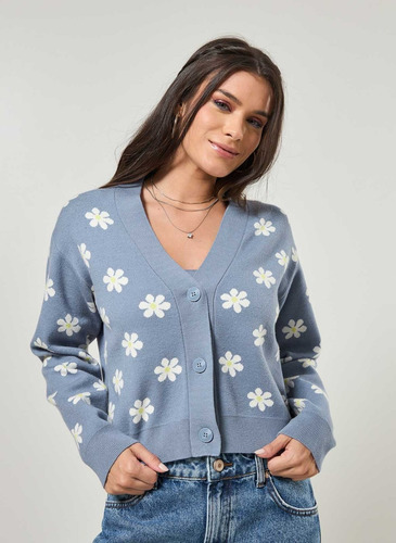 Cardigan Tricô Jacquard Azul Com Margaridas