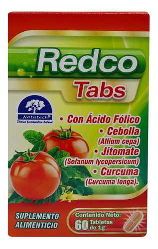 Redco Tabs 60 Tabletas/1g Ácido Fólico Curcuma Cebolla Jitom Sabor Sin sabor