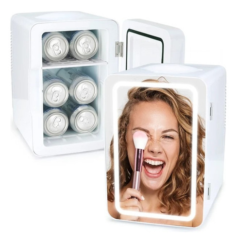 Mini Refri Luz Led Y Espejo Skincare Portáti Frigobar Blanco