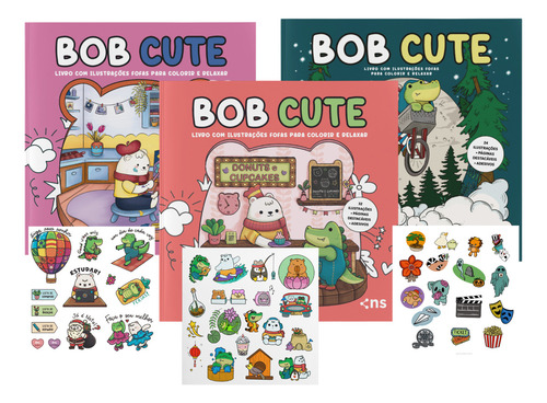Combo Bob Cute - Kit Com 3 Livros De Colorir Para Todas As Idades: Acompanha Adesivos E Ilustrações Originais Fofas