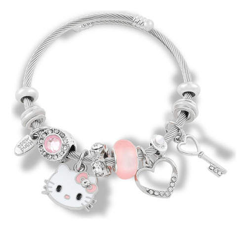 Pulseira Aço Inoxidável Hello Kitty Charm Feminina 18cm