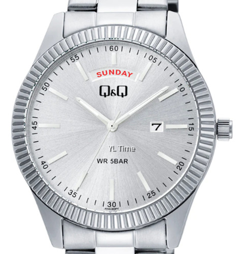 Reloj Q&q Hombre A14a 003py Acero Fechador Resistente Agua Correa Plateado Bisel Plateado Fondo Plateado