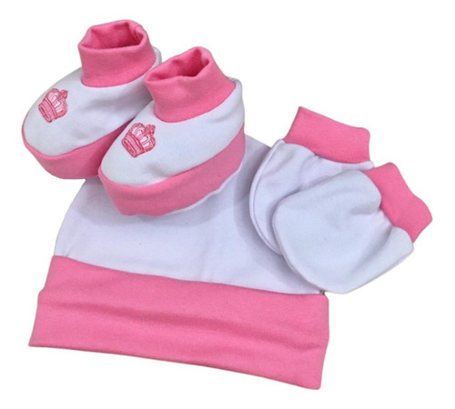 Imagem 2 de 5 de Kit Touca Luva E Sapatinho Bordado Menina 3 Kit Rosa Algodao