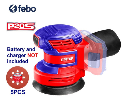 Lijadora Roto Orbital Inalámbrica 20v Emtop + 5 Lijas Febo